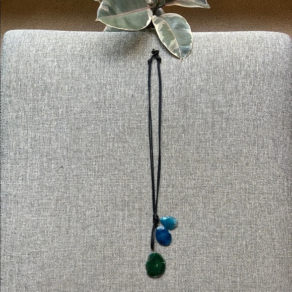 Handmade Blue and Green Stone Necklace with brown cord , Made in Athens, Greece - Picture 1 of 17
